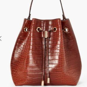 Justfab Drawstring Bucket Bag Cognac Croc NWT